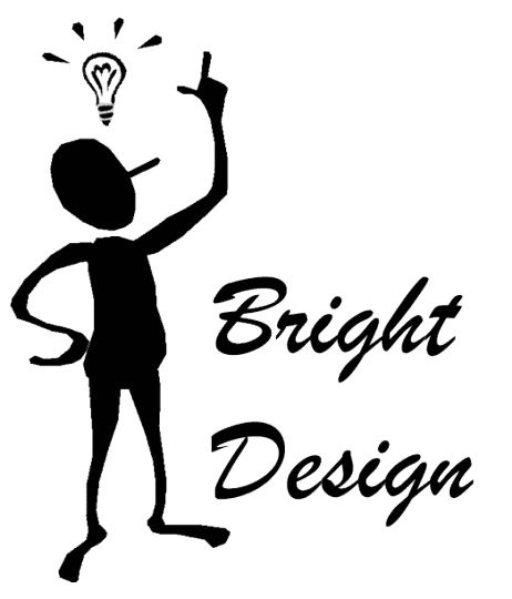Silhouette figure with lightbulb, "Bright Design".
