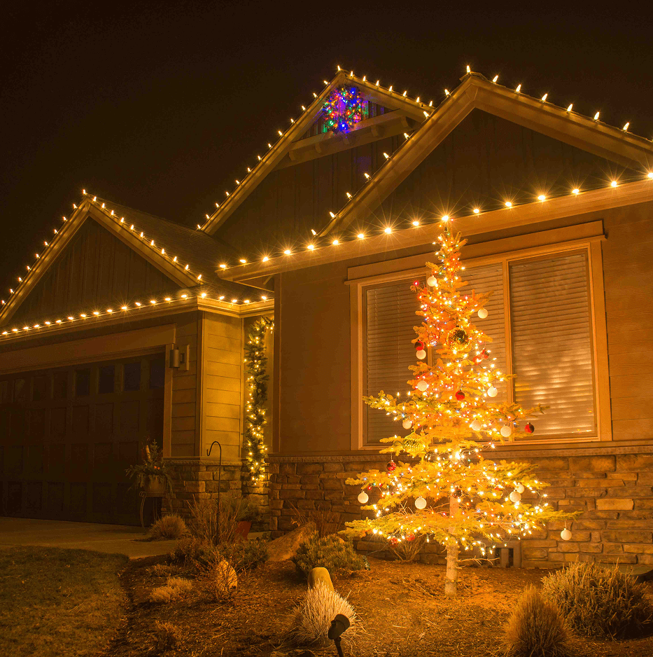House with warm Christmas lights and tree